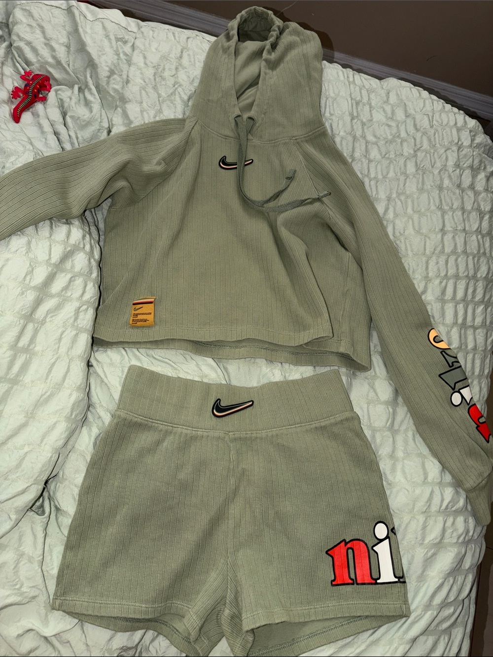 Nike Olive Green Ribbed Hoodie & Shorts Set